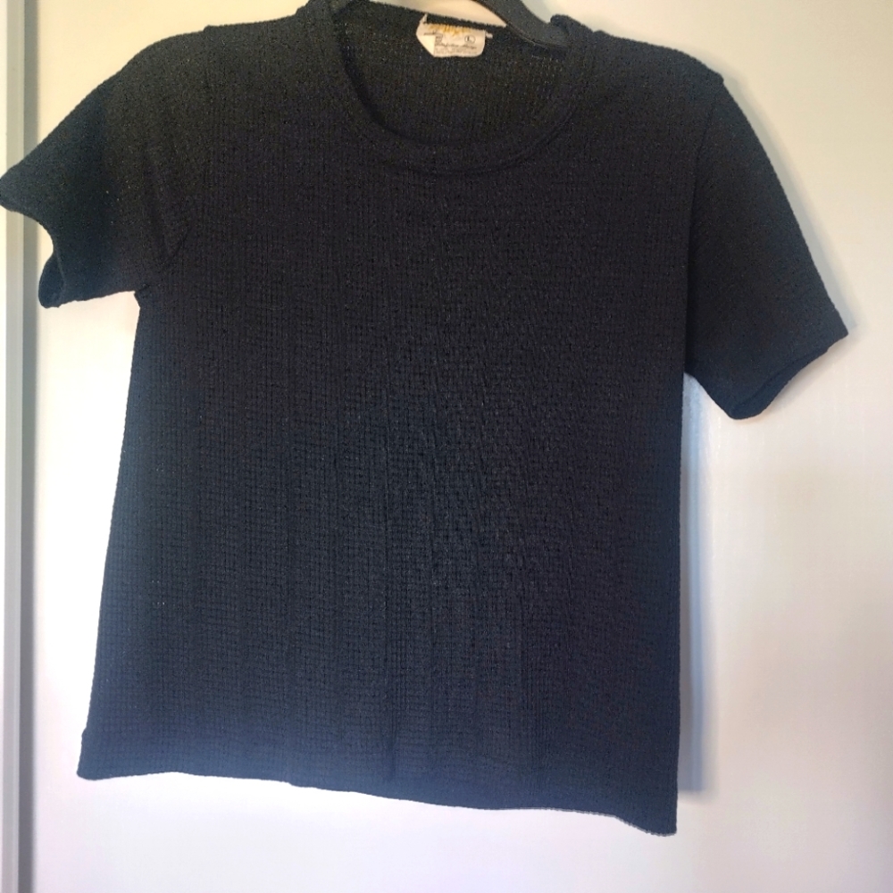 Vintage 1970s KMART Waffle Weave Mesh Shirt Black Size L